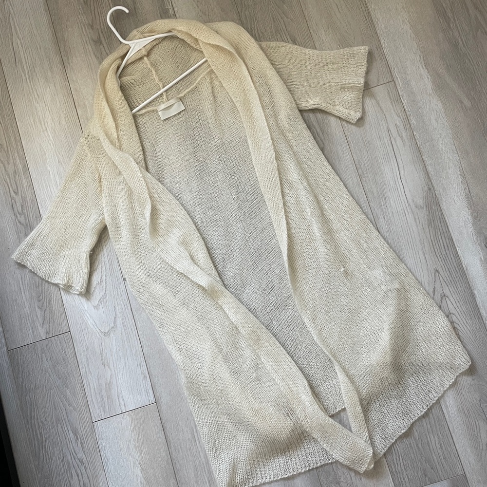 Enrica Japan Mohair Silk Long Line Open Front Cardigan Cream (Small) fuzzy soft